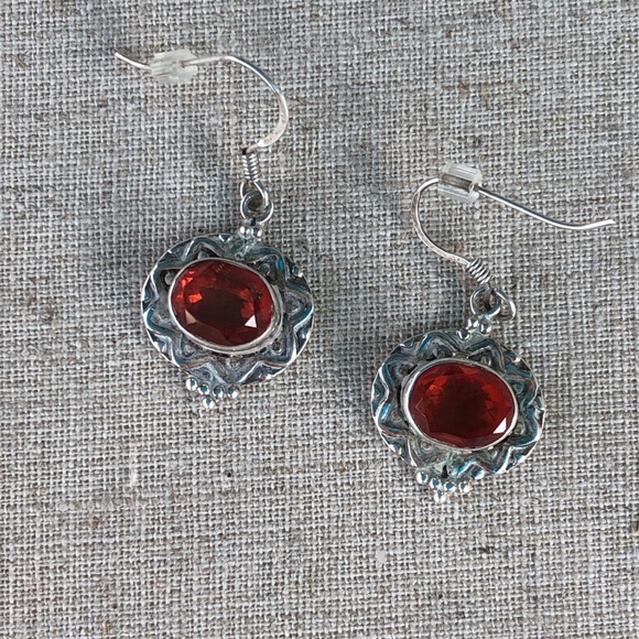 Silver with Orange Stone Earrings - 925 Silver - Picture 9 of 10